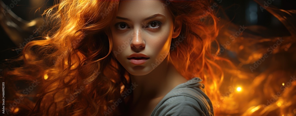 Fiery Redhead Amidst Ethereal Glow and Enchanting Sparks Fiery Redhead Amidst Ethereal Glow and Enchanting Sparks