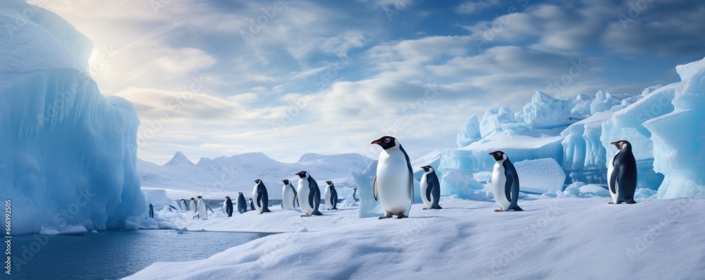 A flock of fearless penguins braving the frigid arctic elements, surrounded by towering glaciers and icy mountains, their sleek bodies blending seamlessly into the snowy landscape as they stand in so