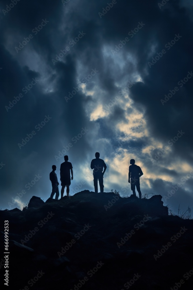 A rugged group of hikers stands atop a grassy hill, silhouetted against the vast expanse of the cloudy sky and the majestic mountain landscape, their spirits soaring with the freedom and adventure of