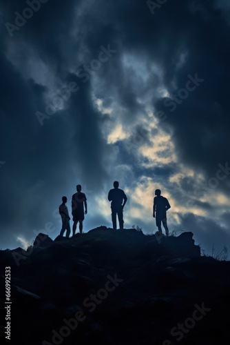 A rugged group of hikers stands atop a grassy hill, silhouetted against the vast expanse of the cloudy sky and the majestic mountain landscape, their spirits soaring with the freedom and adventure of