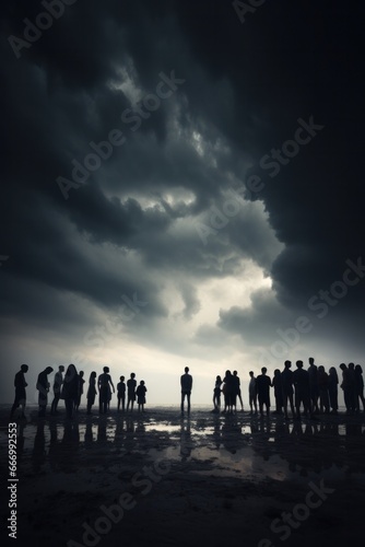 Against the cloudy sky, a group of silhouetted figures stand in a circle on the beach, grounded by the wildness of nature