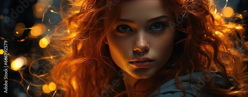 Fiery Redhead Amidst Ethereal Glow and Enchanting Sparks