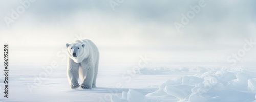A majestic polar bear gracefully glides through the arctic landscape, its powerful presence and serene demeanor embodying the raw beauty and resilience of nature © mockupzord