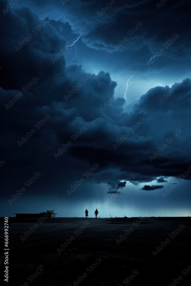 Amidst the dark and desolate landscape, two figures stand bravely under a fierce thunderstorm, their faces illuminated by a single lightning bolt in the tumultuous sky Amidst the dark and desolate landscape, two figures stand bravely under a fierce thunderstorm, their faces illuminated by a single lightning bolt in the tumultuous sky
