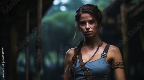 A mysterious woman with dark braided hair and a strap around her neck stands confidently in an outdoor setting, captured in a striking fashion portrait that exudes strength and boldness