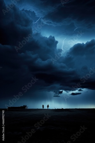 Amidst the dark and desolate landscape, two figures stand bravely under a fierce thunderstorm, their faces illuminated by a single lightning bolt in the tumultuous sky