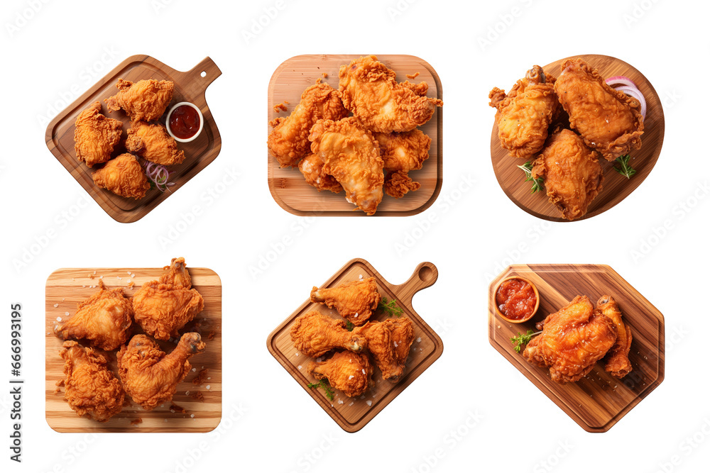 collection of crispy fried chicken on a wooden cutting board isolated on a transparent background, cut out - obrazy, fototapety, plakaty 