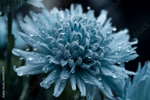 Deeply cold and frozen blue flower blossoms at closeup as floral background generative ai