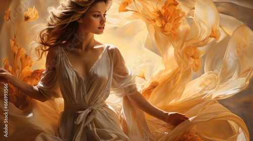 Ethereal Beauty Radiates Amidst Sunlit Flowing Silken Drapes photo