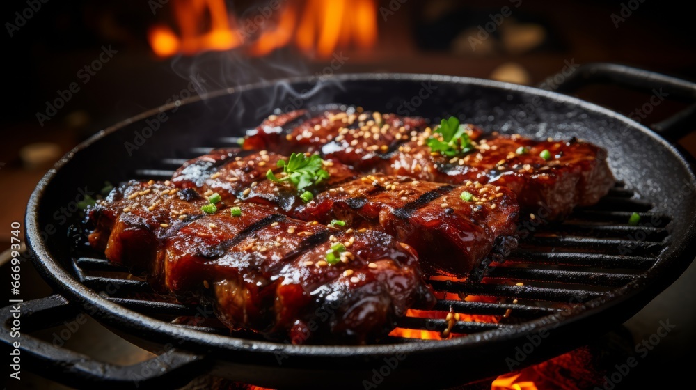 Close Up of Grill with Sizzling, Juicy, Delicious, Cooked Meats