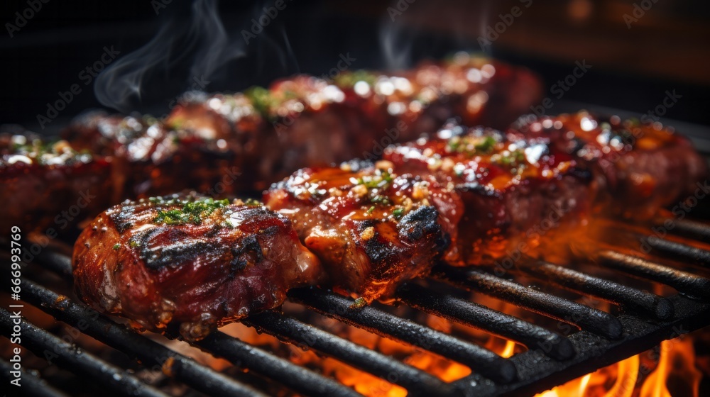 Close-Up of Grilled Meat with Fiery Flames