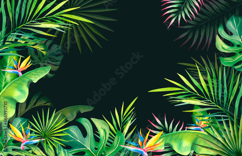 Frame made of palm leaves, banana branches, strelitzia. Tropical plants and birds. Watercolor illustration. Carnival in Brazil. Rio de Janeiro. Summer mood. Banner, template.