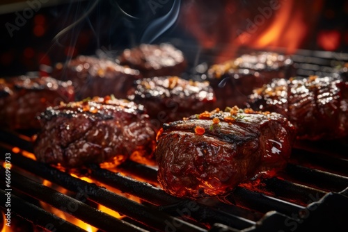 Grilled Steaks with Fiery Flames in the Background