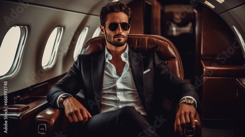 Confident Executive in Luxury Jet Relishing Tranquil Journey © _veiksme_