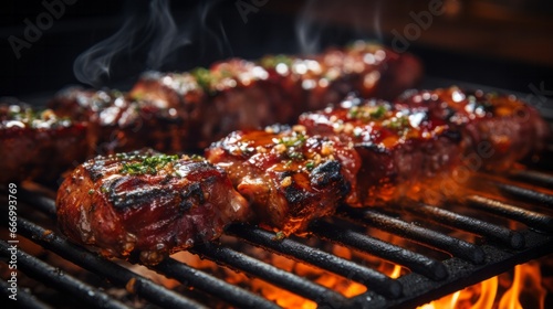 Close-Up of Grilled Meat with Fiery Flames