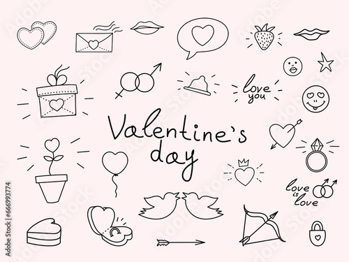 A set of doodles on the theme of Valentine's Day. Hand drawn elements about love.