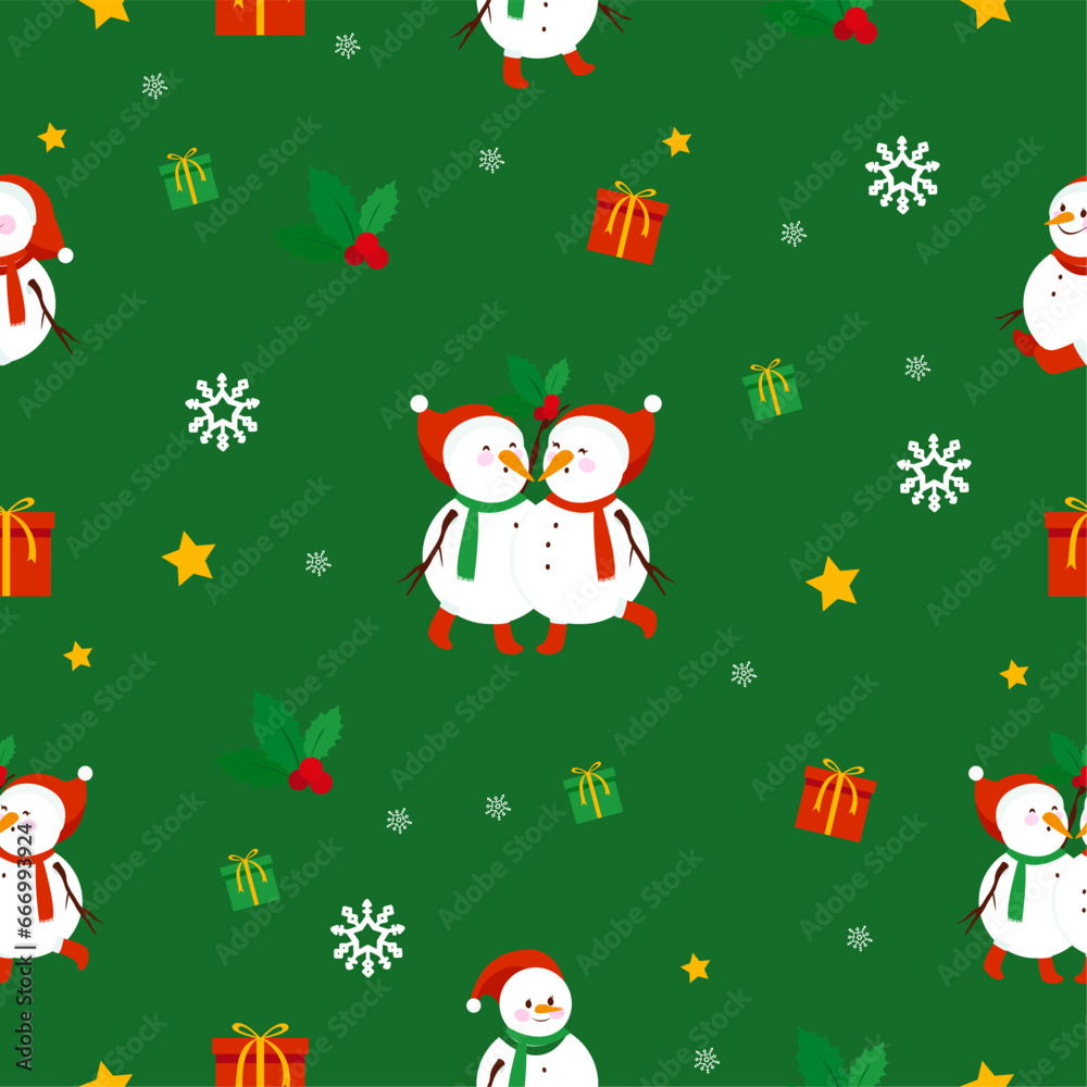Fototapeta premium Cute snowmen background with Christmas gifts and holy berry. Seamless pattern. Vector illustration