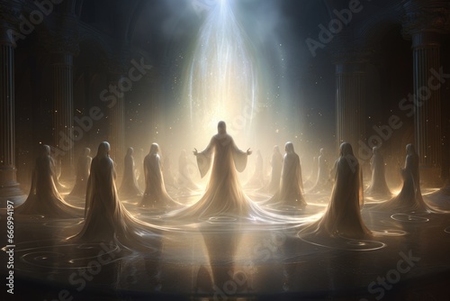 Celestial beings enveloped in ethereal robes of radiant light. photo