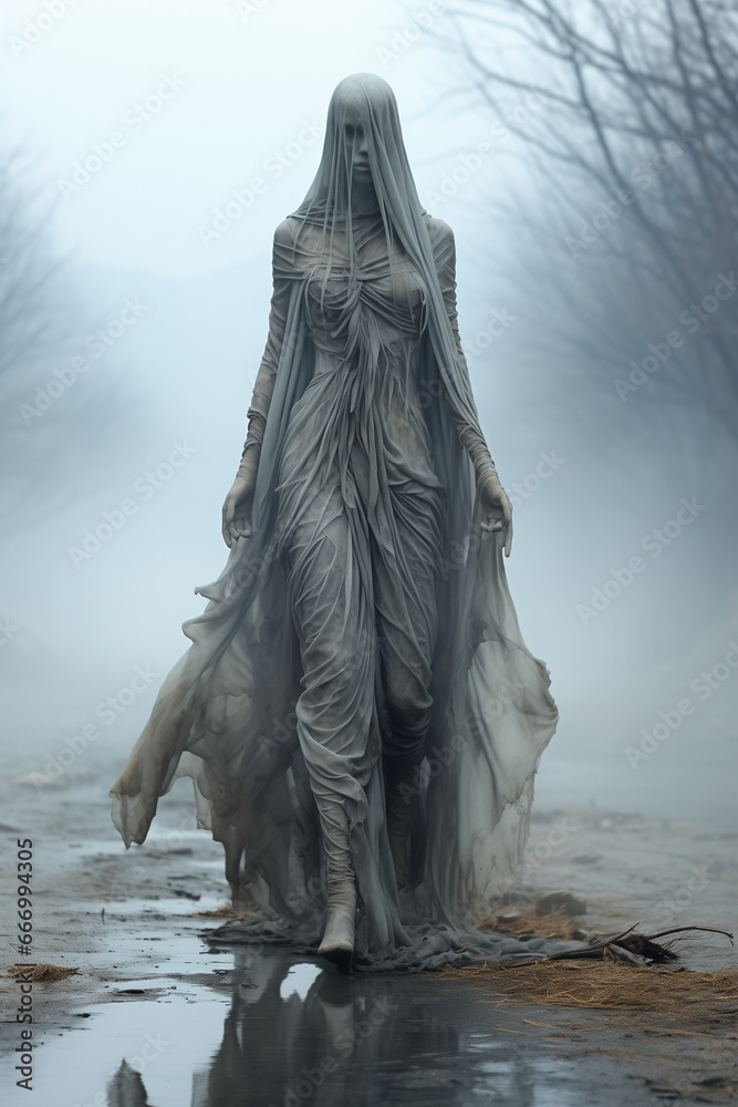 leper woman cursed soul illustration in the foggy woods