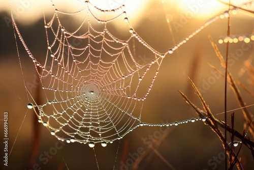 Glimmering dewdrops on a spider's web at dawn. © furyon