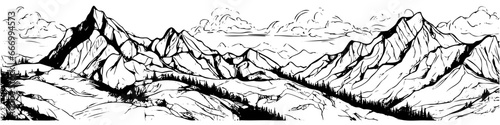 Hand-drawn vector sketch featuring graphic mountains and pine forest  depicting a natural landscape. This banner illustration is a manual creation  not generated by AI