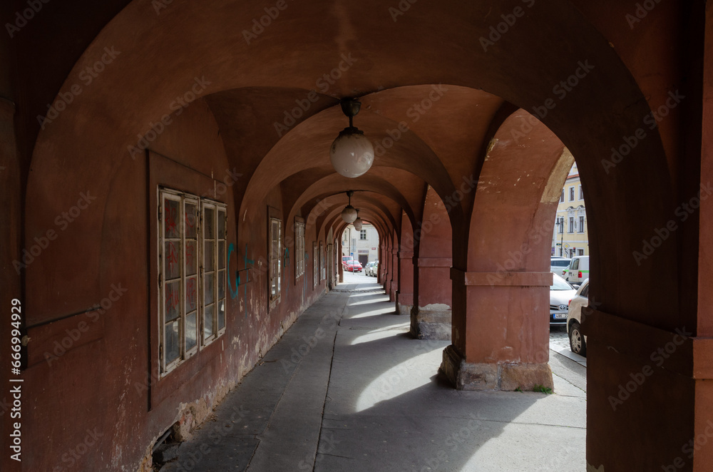 A gothic archway of a historical building in Hradcany, Prague, the Czech Republic