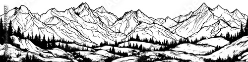 Vector sketch of hand drawn graphic mountain ranges and pine forest. Natural landscape  vector illustration  banner vector illustration  created by hand not AI