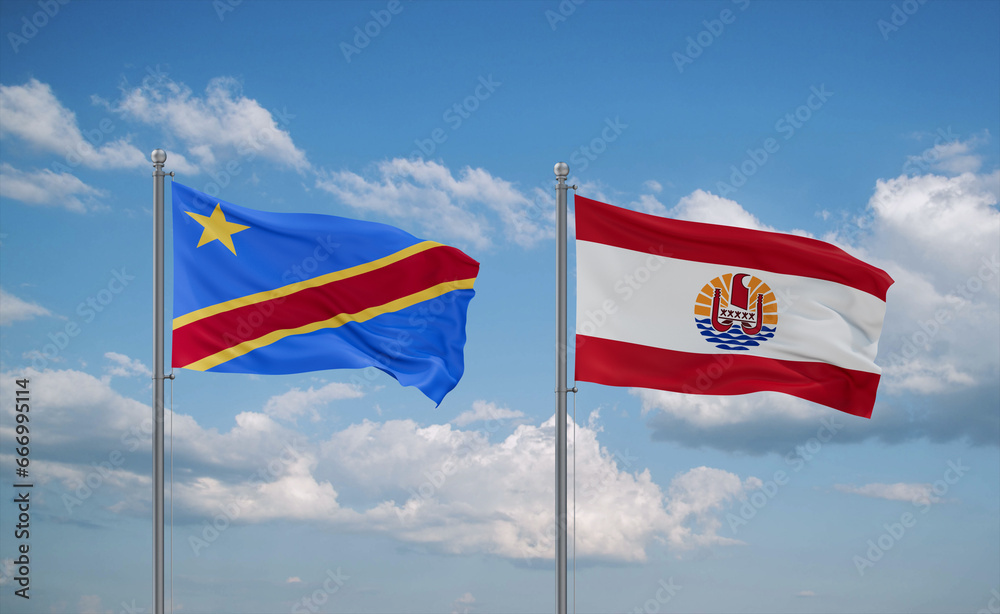 Congo or Congo-Kinshasa and French Polynesia flags, country relationship concept Congo or Congo-Kinshasa and French Polynesia flags, country relationship concept