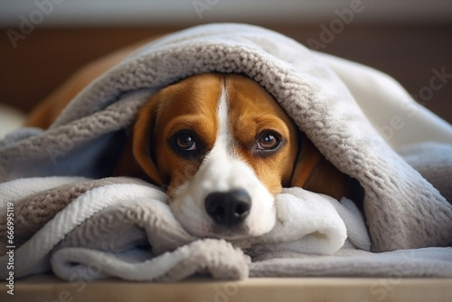 Cute dog Beagle is lying on the bed under knitted blankets and sweaters, Low air temperature in the house, The concept of heating a house in cold winter or autumn, aesthetic look © alisaaa