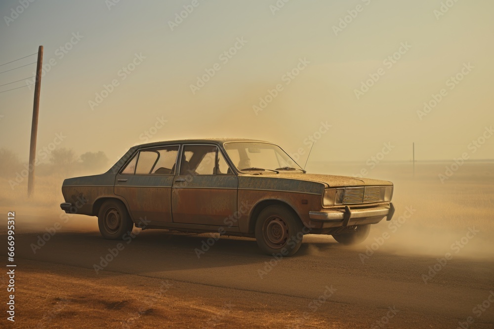 an old, dusty car, presumably used for a long journey an old, dusty car, presumably used for a long journey