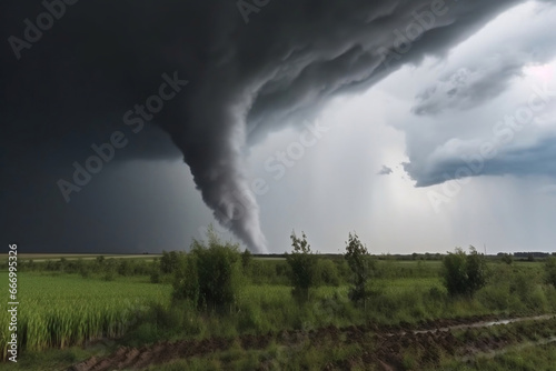 Destructive tornado vortex at open landscape with cloudy sky generative ai