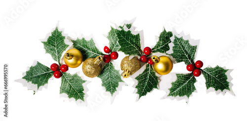 Christmas Holly Leaves and balls ornament  isolated on white or transparent background.