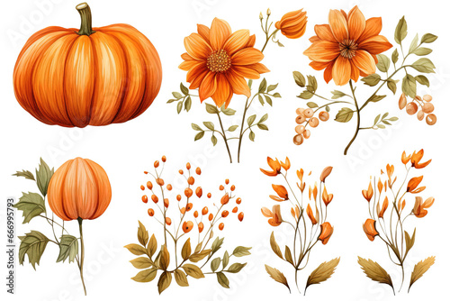 Autumn Pumpkin with Flowers Watercolor Clip Art Illustration on a white or Transparent Background. PNG