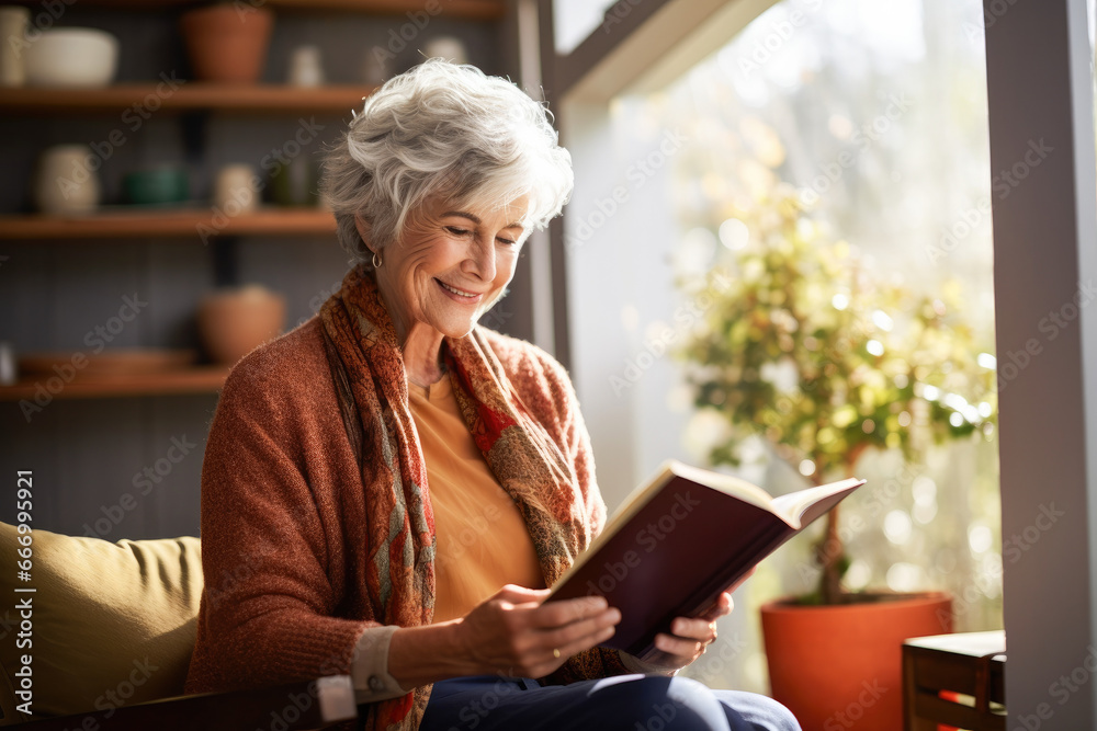 Happy elderly retired woman reading a book at home and resting on a comfortable sofa in a cozy living room. Smiling senior grandmother enjoying leisure weekend with interesting book at home. Happy elderly retired woman reading a book at home and resting on a comfortable sofa in a cozy living room. Smiling senior grandmother enjoying leisure weekend with interesting book at home.