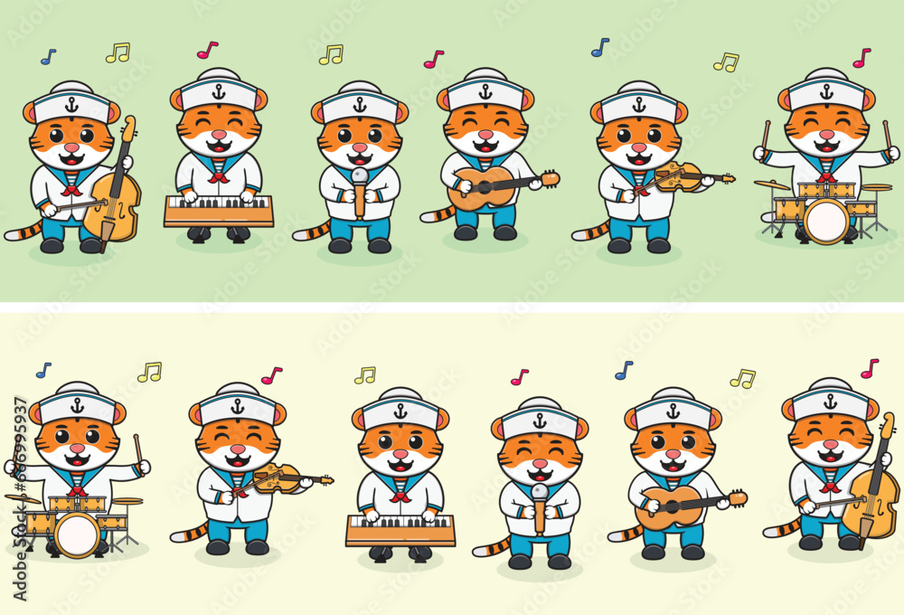 Vector Illustration of Cute Tiger sailors Music Band. Big set of cute Animal cartoon in professions. Tiger Cartoon flat style.