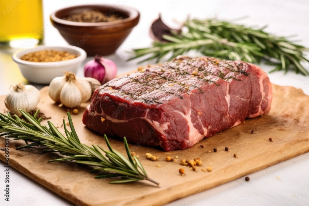 beef roast on a marble slab with garlic and rosemary