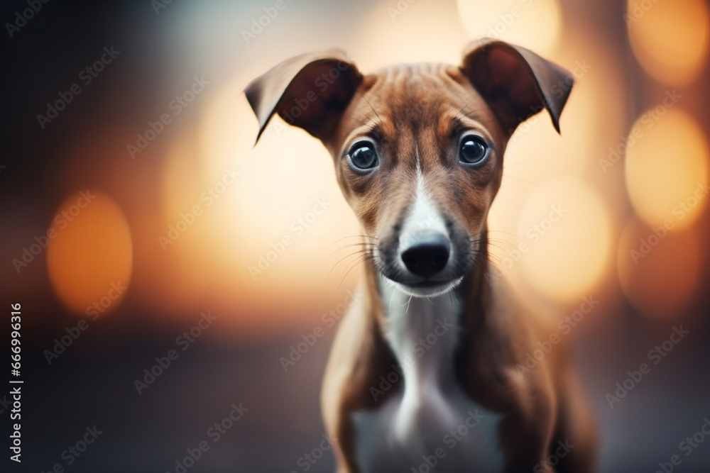 curious greyhound puppy standing and looking forward, aesthetic look