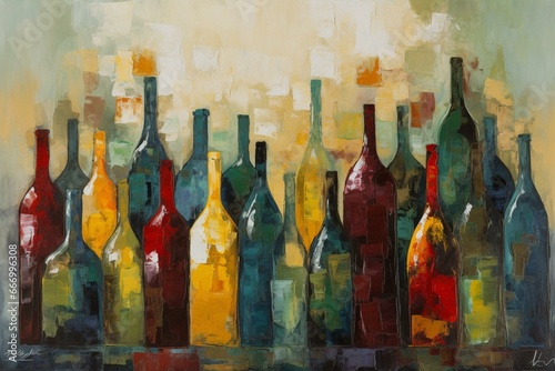 A still life painting of wine bottles on a kitchen wall art canvas print with an abstract touch. Generative AI