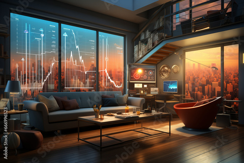 modern living room interior with economical buiseness charts on bay window screens in the evening photo