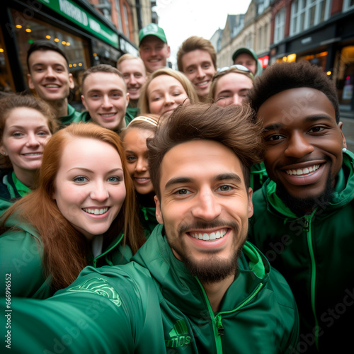 Joyful Team Group Selfie in Matching Green Outfits © ciprian