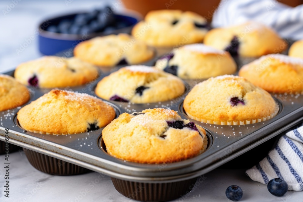a muffin tin filled with blueberry muffins