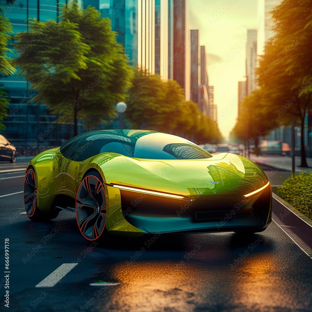 an exotic car driving in the middle of a city at dusk
