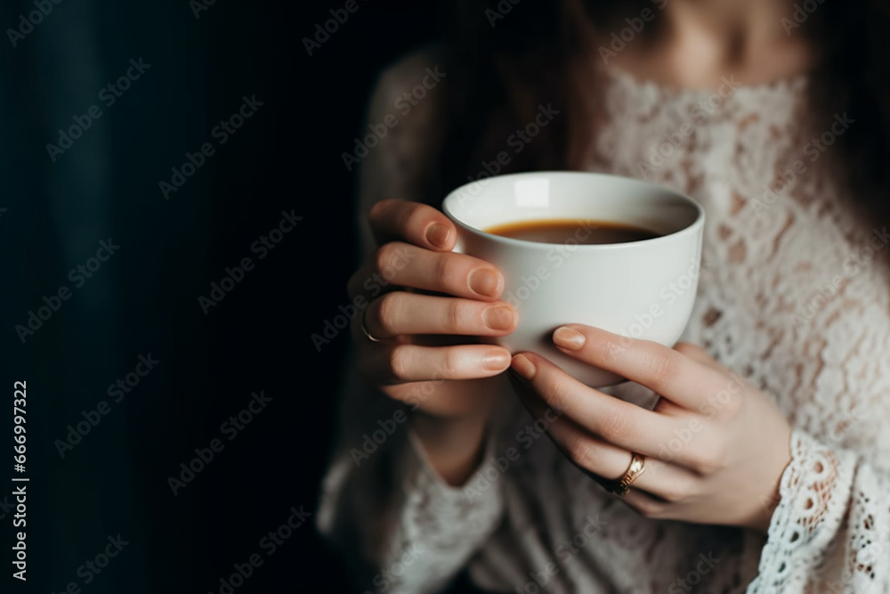 Cropped view of woman holding cup of coffee or tea closeup, dark light photography