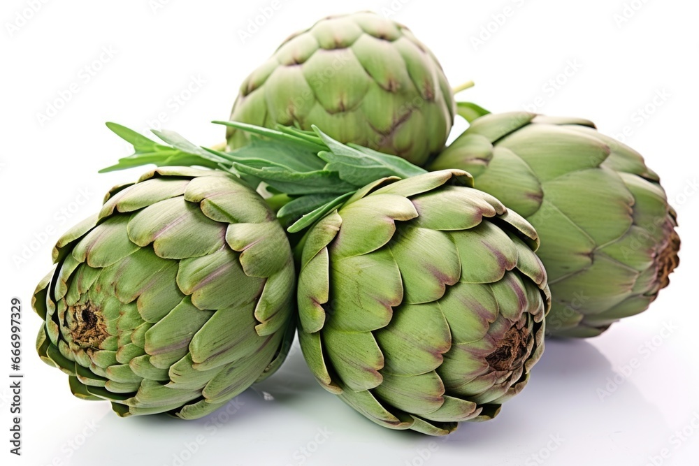 freshly picked artichokes arranged on a white background freshly picked artichokes arranged on a white background