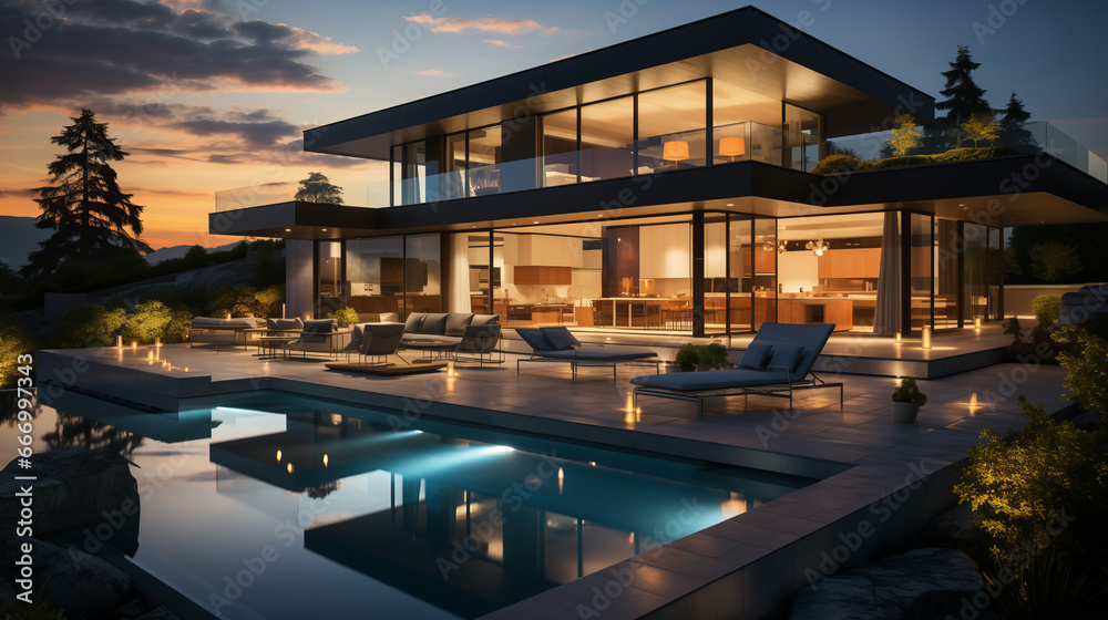 Fototapeta premium Modern exterior of a luxury villa in a minimal style. Glass house in the mountains. Magnificent mountain views from the veranda of a modern villa Luxury glamping sunset