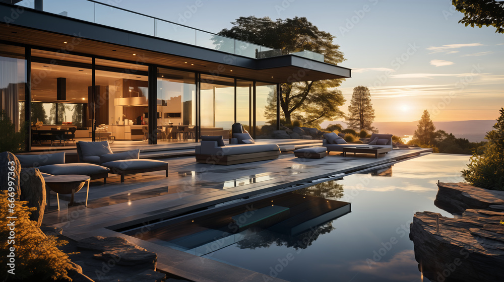 Modern exterior of a luxury villa in a minimal style. Glass house in the mountains. Magnificent mountain views from the veranda of a modern villa Luxury glamping sunset - obrazy, fototapety, plakaty 
