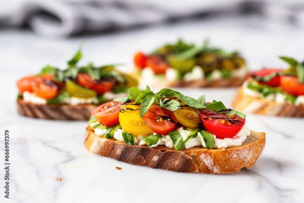 close-up of an avocado bruschetta on marble countertop