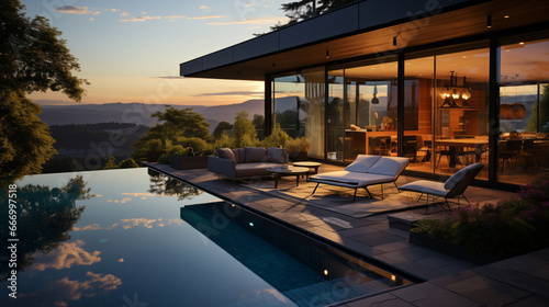 Modern exterior of a luxury villa in a minimal style. Glass house in the mountains. Magnificent mountain views from the veranda of a modern villa Luxury glamping sunset © ND STOCK