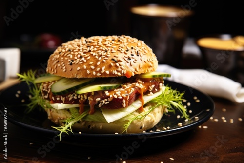 sandwich served on a bun with sesame seeds