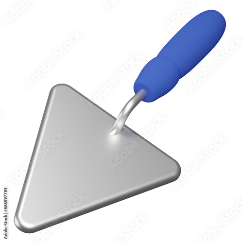 NOT AI 3D rendering of toy children construction spatula with with rubber handle. Young mason set. Realistic PNG illustration isolated on transparent background